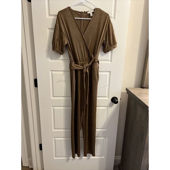 H by Halston Pants - Halston Womens Sepia Jumpsuit Brown‎ Stretch V Neck Short Sleeve Tie Snap XS